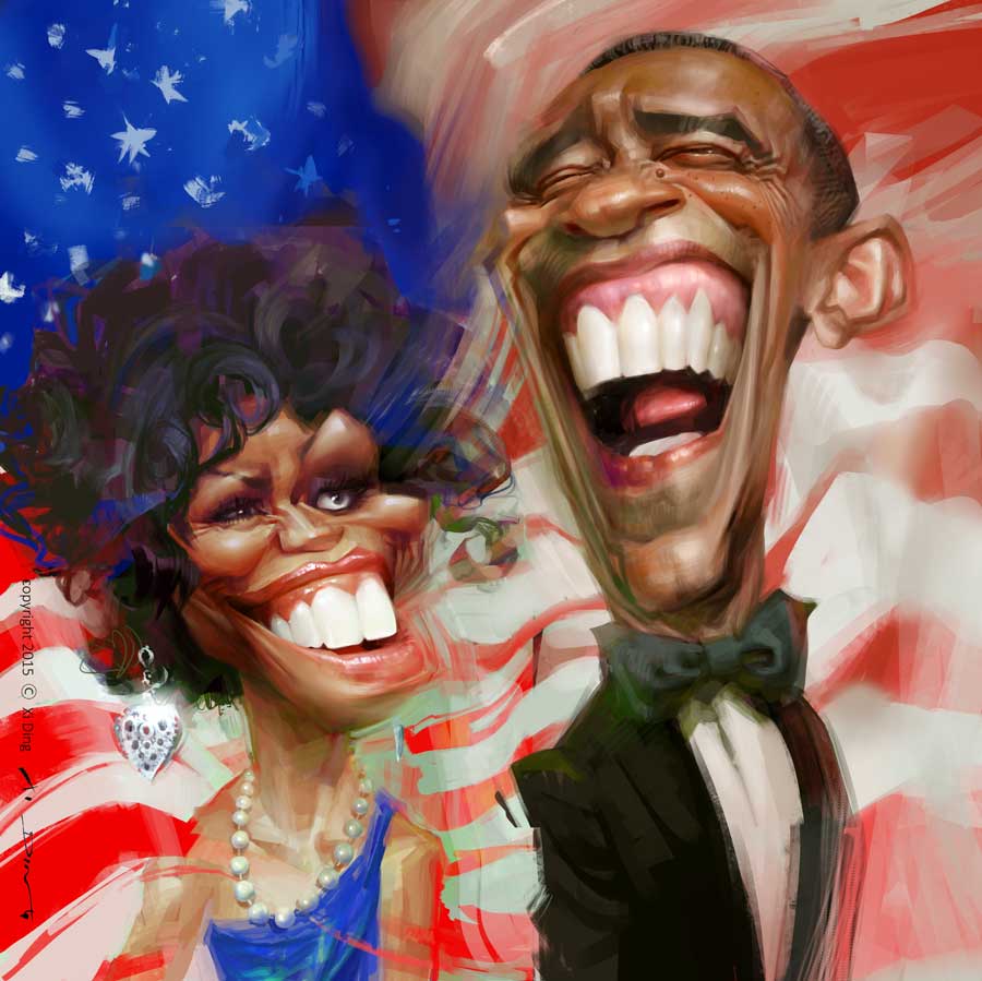 Karikatur von U.S. President Obama und seine Frau, Michelle, gezeichnet vom Karikaturist Xi Ding