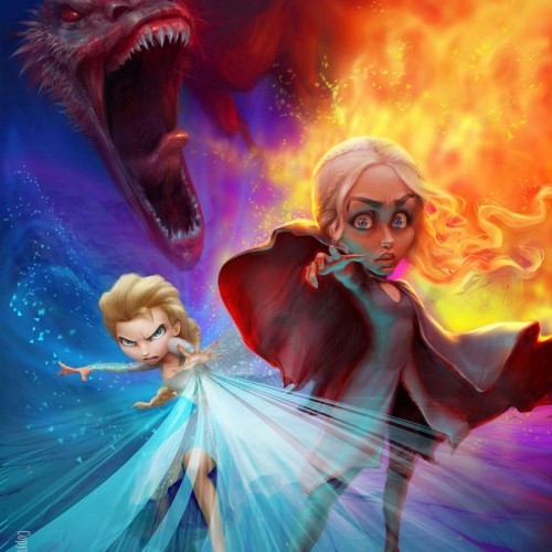 Karikatur Daenerys (Khaleesi) und Elsa (Eiskönigin)